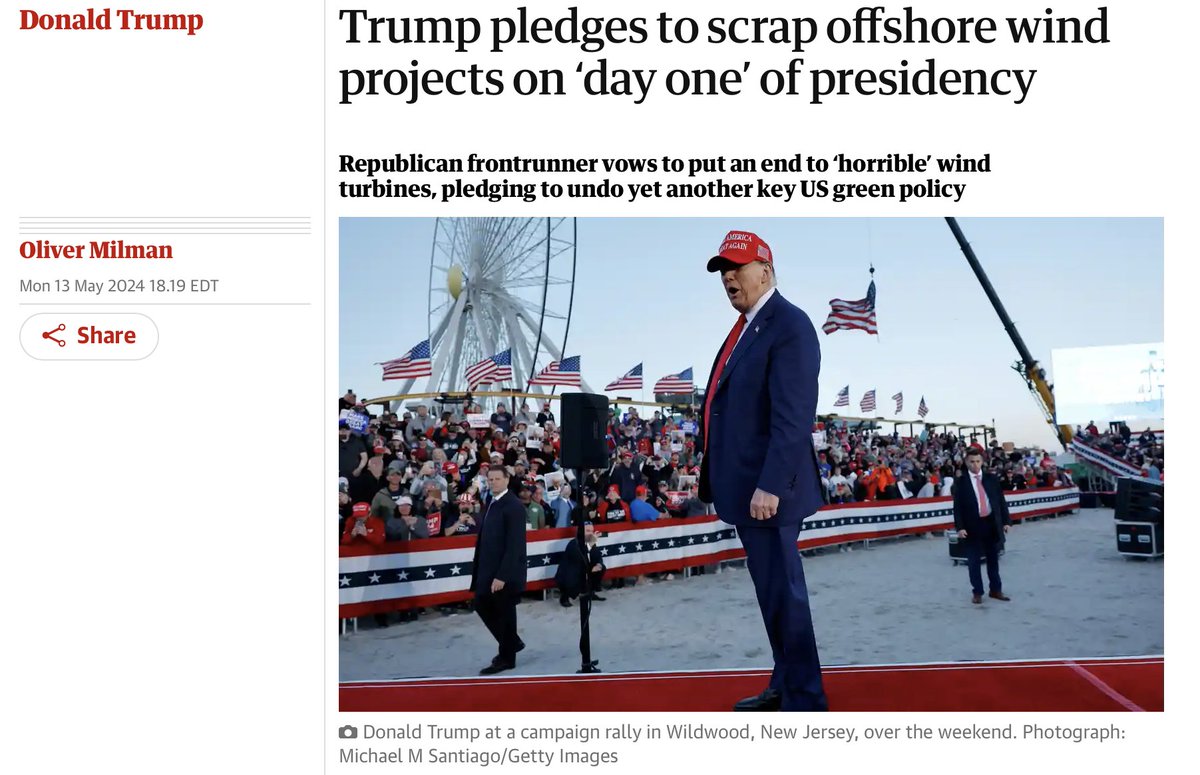 .@realDonaldTrump 2.0 to end offshore wind on Day 1: They destroy everything, they’re horrible, the most expensive energy there is. They ruin the environment, they kill the birds, they kill the whales. theguardian.com/us-news/articl…