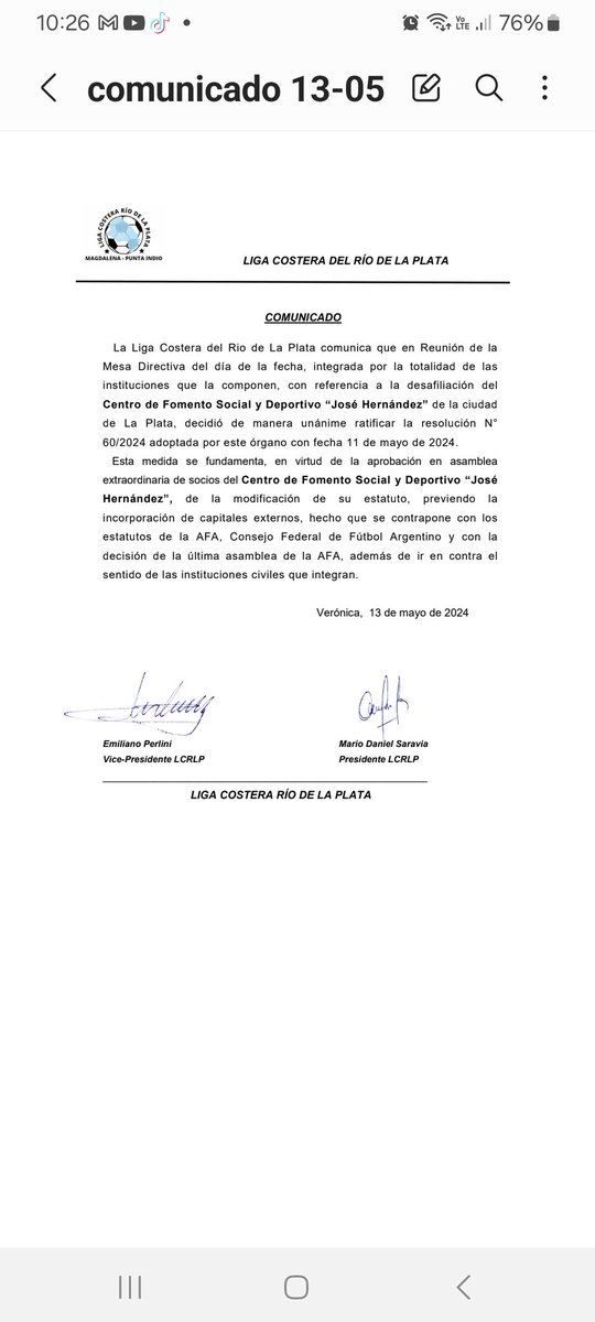 ⚽️En reunión de Mesa Directiva desarrollada en Villa Garibaldi, la Liga Costera del Río de la Plata ratificó la desafiliación del Club José Hernández de La Plata por ir en contra de lo establecido en AFA: el rechazo a las Sociedades Anónimas Deportivas.
<a href="/afa/">AFA</a> 
<a href="/TovigginoPablo/">Pablo Toviggino</a>