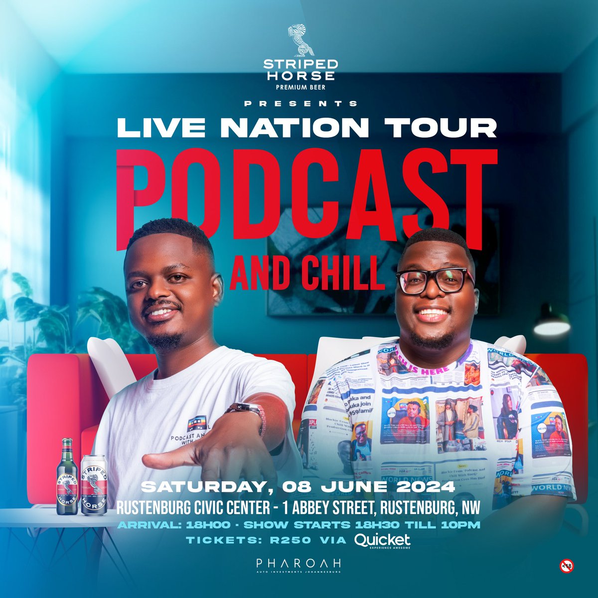 Batho Ba ko North West ‼️ Your moment is FINALLY HERE🚀 Rre tla be rele ko Rustenburg ka di 8 tsa June📍 ko Civic Centre 🔥 and you don’t want to miss the madness Secure your spot today to get the ultimate #podcastandchill National Tour experience ✈️ Tickets are available at