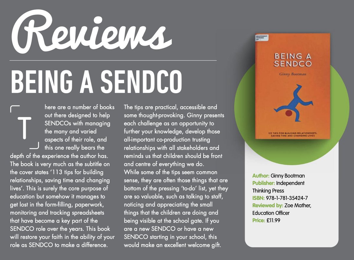 A fantastic review for Independent Thinking on #BeingASENDCO by @sendcogirl in the latest issue of @nasen_org #Connect 👇 📙 A practical and informative guide sharing 113 tips for building relationships, saving time and changing lives. Find out more: independentthinkingpress.com/books/teaching…