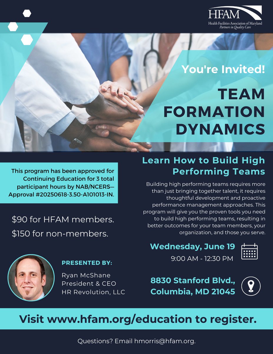 Do you need to better align operations with #purpose &amp; #service? Would you like to decrease #turnover &amp; increase #productivity? Learn how to achieve these goals &amp; more by joining us on June 19 for "Team Formation Dynamics." Learn more &amp; register at hfam.org/education