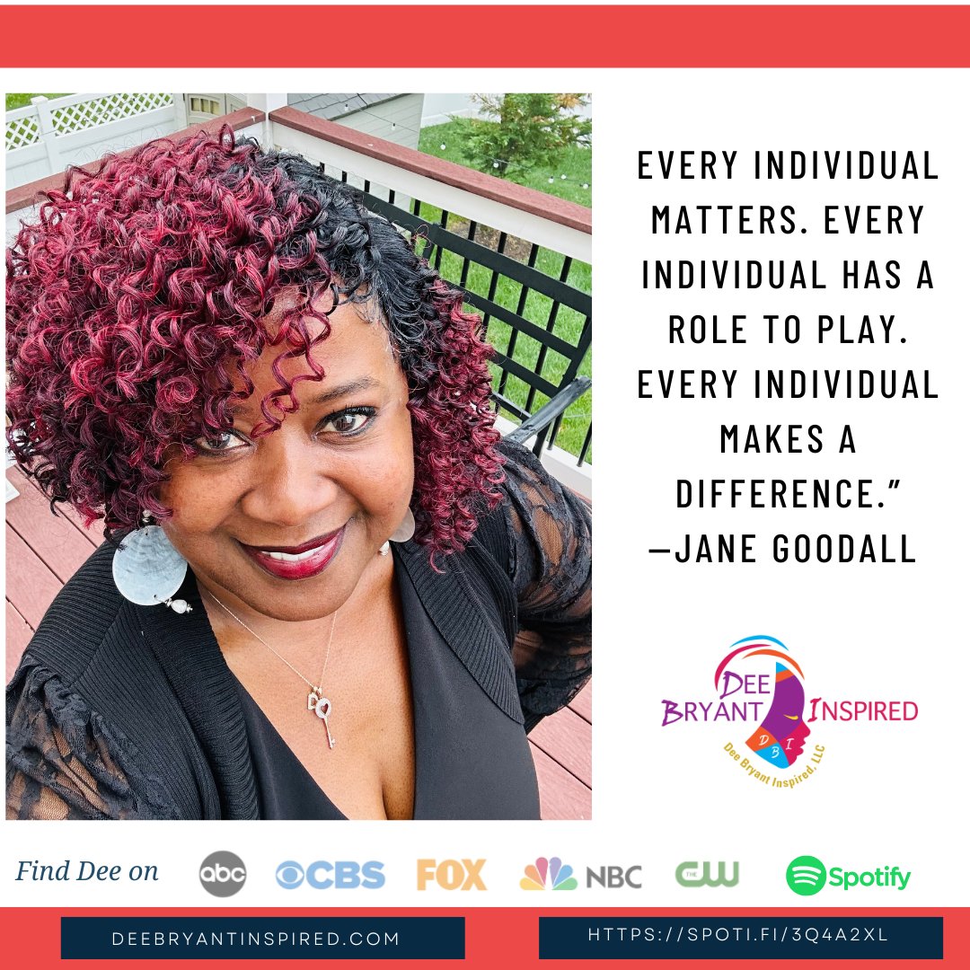 Every individual matters. Every individual has a role to play. Every individual makes a difference.”
—Jane Goodall 
Listen to Dee’s Talks spoti.fi/3q4A2xL

#author #speaker #childrensbook #dream #godisgood #podcast
DeeBryantInspired.com