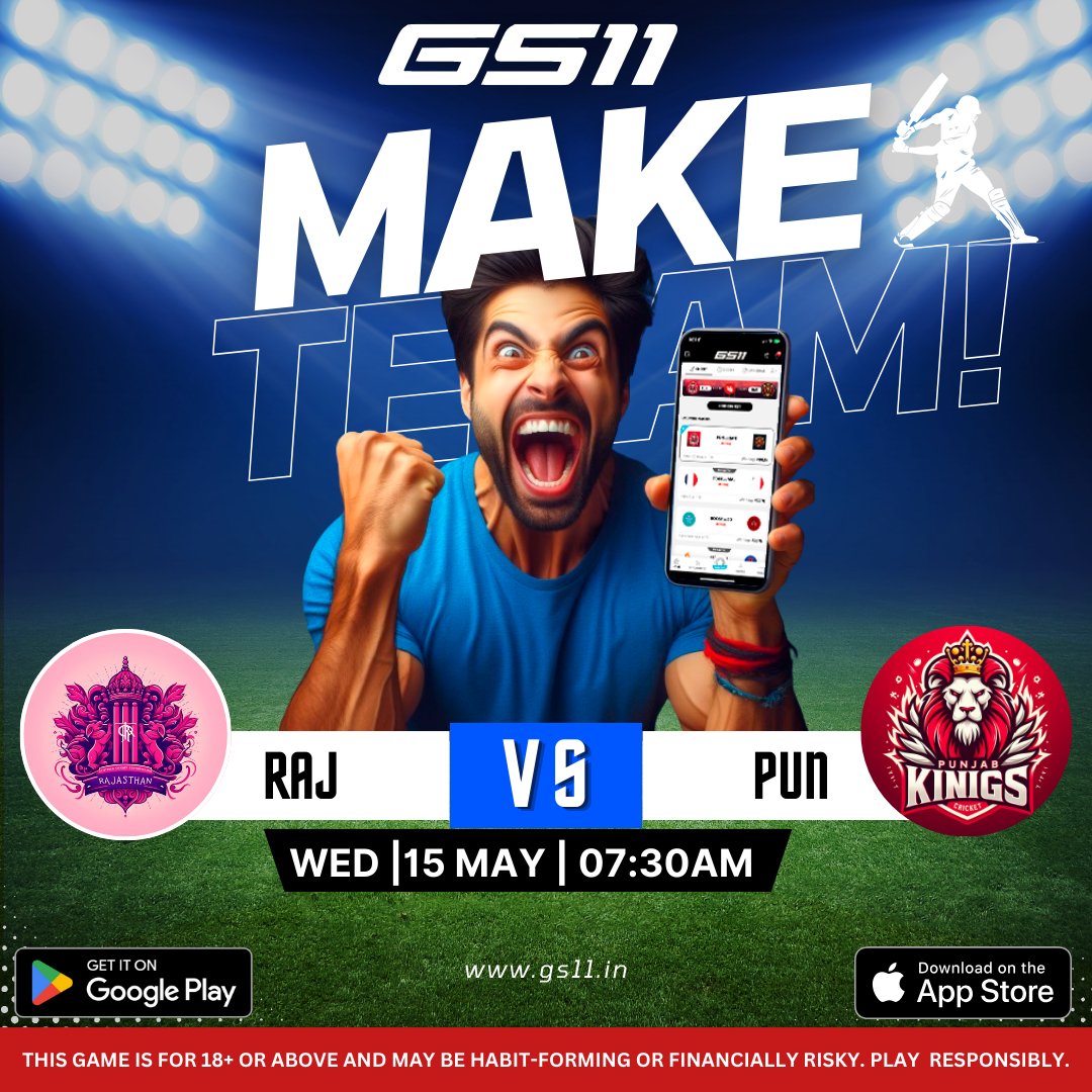 The Rivalry Heats Up  Rajasthan vs Punjab in a T20 Clash! Witness the battle between the Royals and the Kings on the GS11 app!  Who will reign supreme?  Pick your team and  download the GS11 app NOW to play and win BIG!  #GS11 #Royals📷 #PunjabKings #T20 #Cricket #PlayAndWin