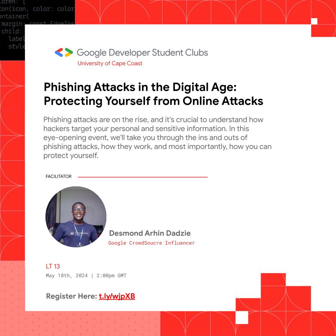 gdsc_ucc's tweet photo. Phishing attacks are on the rise, and it's crucial to understand how hackers target your personal and sensitive information.
Join us as we delve into this topic on:

🗓️May 18th, 2024 | 2:00pm GMT
📍 Venue: LT 13
 
Register now: https://t.co/hIT3F9Am6C 
We hope to see you there 😌 https://t.co/yoOwRjP5d4