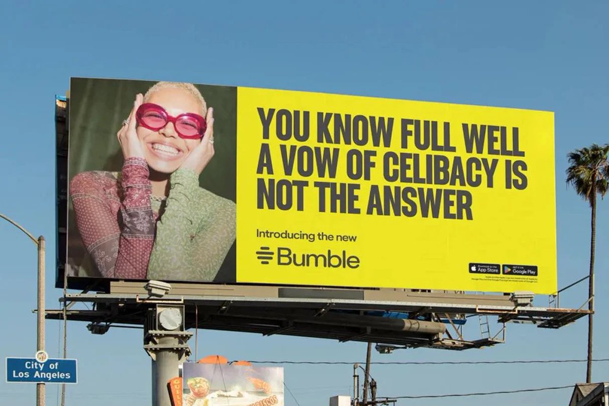 Dear @bumble as a business strategy this is beyond off-putting. By all means, make women feel like losers for not dating and specifically, not dating using your app. If this is new Bumble, you already lost a lot of cred with these ads.

Thou shalt not tell women what to think.
