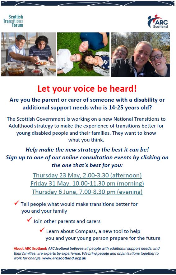.@ARCScot is running three online consultations on @scotgov’s draft strategy, National Transitions to Adulthood. These events are suitable for carers or parents of 14- to 25-year-olds with a disability or additional support needs. Book here: ow.ly/G3e750REnYB..