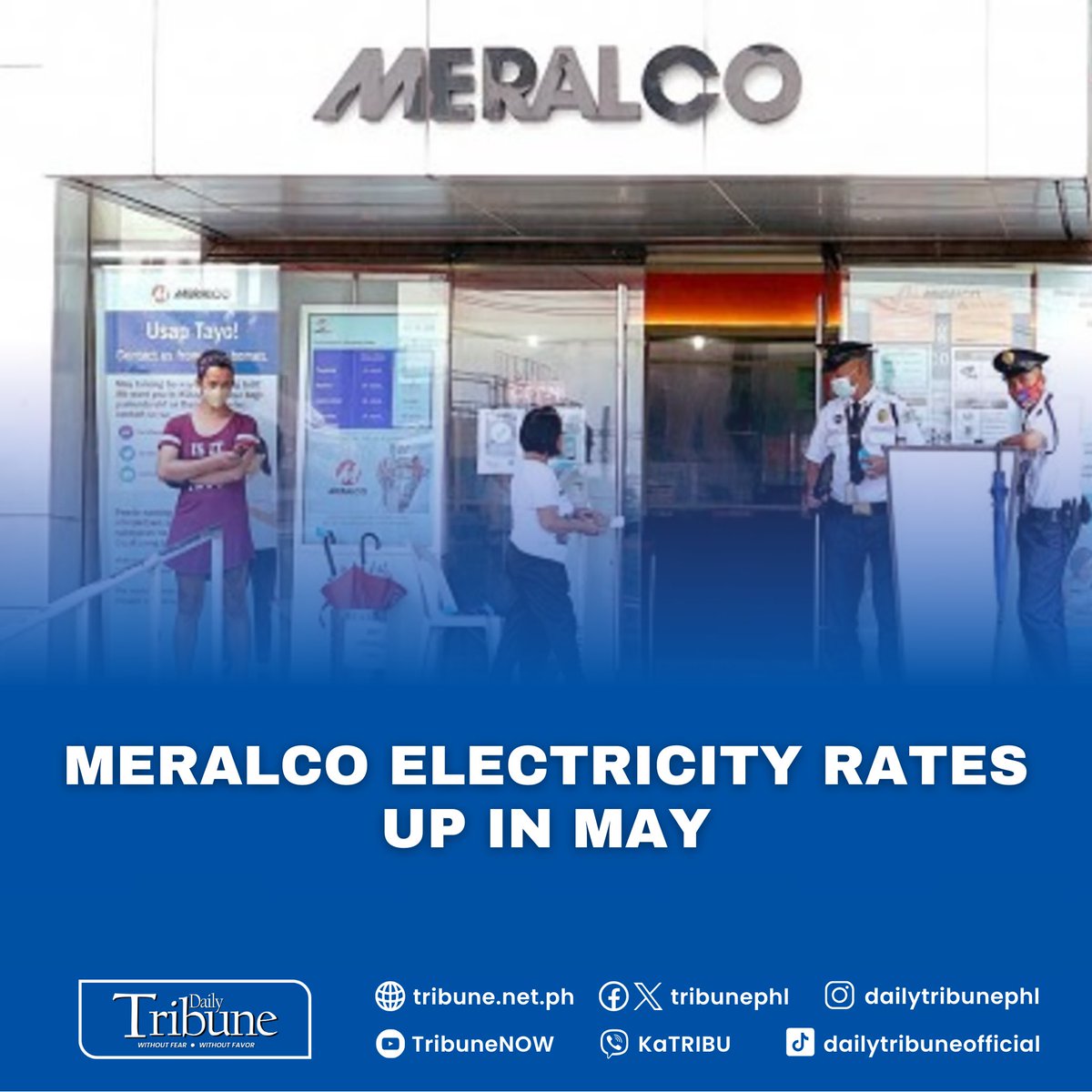 Manila Electric Co. (Meralco) customers should expect a slight adjustment in their electricity bills due to a 46 centavos increase in power cost this month — bringing the overall rates to P11.41 per kilowatt-hour (kWH) from P10.95 per kWh in April.  Read more at:…