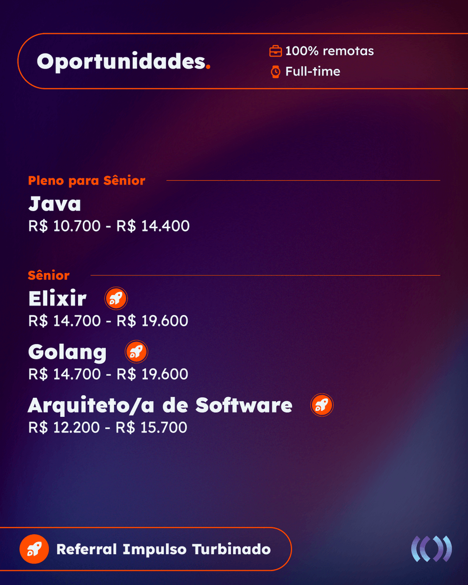 impulso_team's tweet photo. Explore as oportunidades em destaque!
Cadastre-se ou indique alguém e ganhe  até R$ 4.000,00. 🤑
Para mais informações, clique em "Conheça o Referral Impulso" na nossa bio.
#elixir #java #arquitetodesoftware #golang #referralImpulso https://t.co/aEZAuWINQD