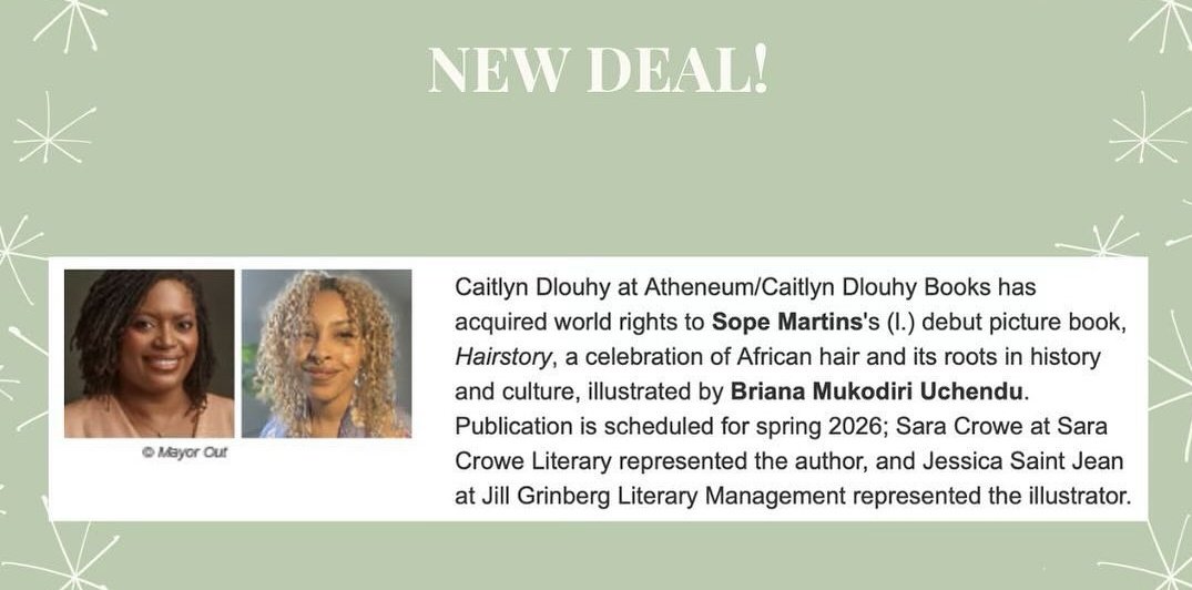 SHE HAS A BOOK DEEEEAAAALLLL!!!! And by she, I mean me 🎉🎉🤸🏾‍♀️🎉🤸🏾‍♀️

Thank you @saraagent @erinentrada @diversebooks  @wordisdiversity @caitlyndhloughy @MindyAlyseWeiss and the community of KidLit heroes that made this happen!