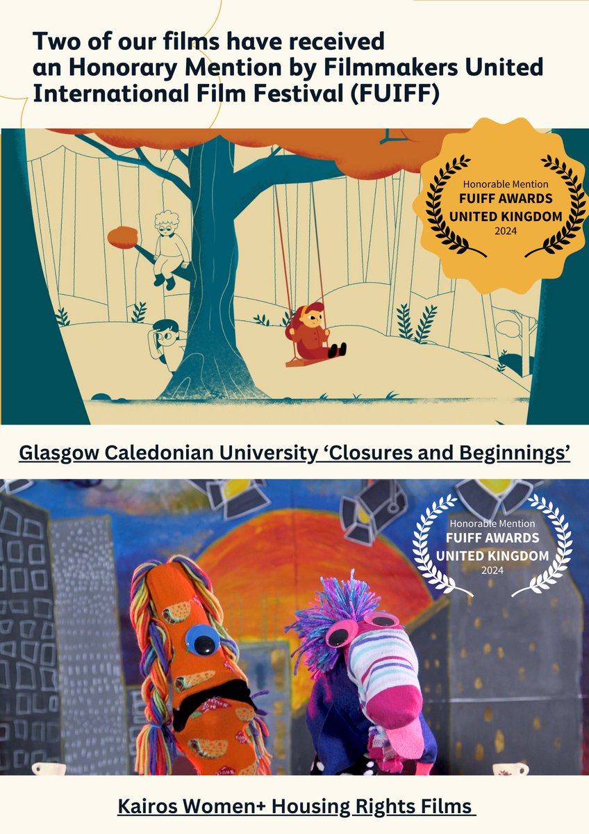 Not one but TWO <a href="/mediaco_op/">mediaco-op</a> films have won Honorable Mentions at the Filmmakers United International Film Festival. 🤸
Congrats <a href="/Kairos_women/">Kairos Women+</a> and <a href="/caledonianuni/">gcal</a>. 
Watch here
youtube.com/watch?v=pE8Mou… youtube.com/watch?v=X6RM1K…