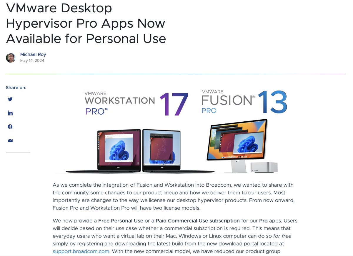 雖然我已經很久沒有使用多平台了，但這還是一個滿有意義的訊息，提供參考 :) VMware Fusion Pro and Workstation Pro are both now available Free for Personal Use! blogs.vmware.com/cloud-foundati…