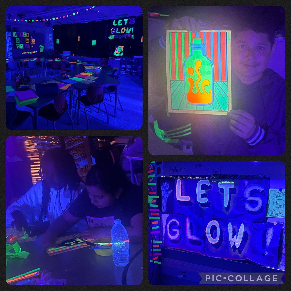 Let’s glow! This week in Art we are creating art using neon art supplies with back lights on. They are having a blast! #stony126 #weare126