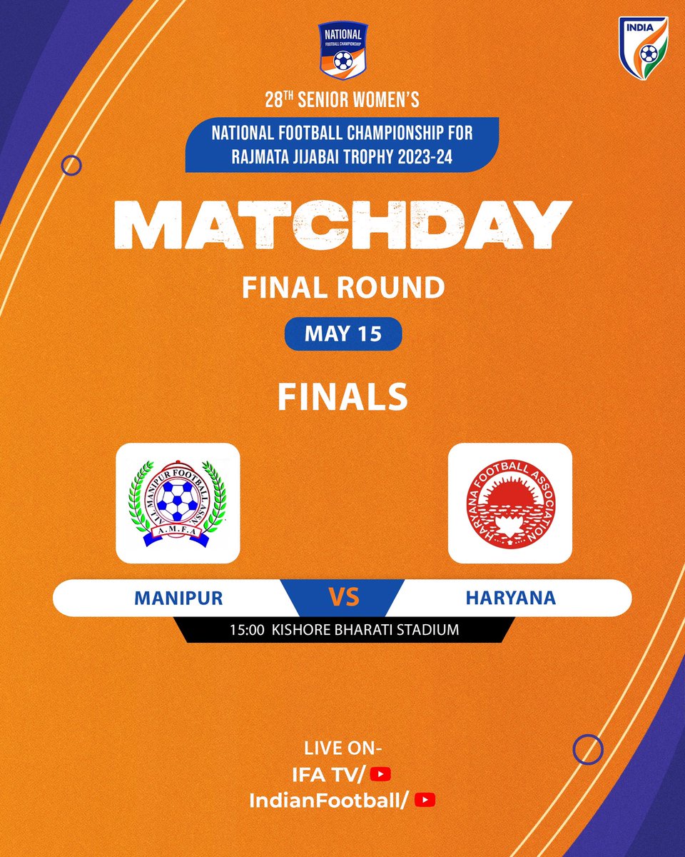 𝐅𝐈𝐍𝐀𝐋 𝐒𝐇𝐎𝐖𝐃𝐎𝐖𝐍! 🏆

Manipur ⚔️ Haryana 

💻 Watch the final match of 28th Senior Women’s NFC for the Rajmata Jijabai Trophy 🏆 on Indian Football YouTube channel 

#IndianFootball ⚽️