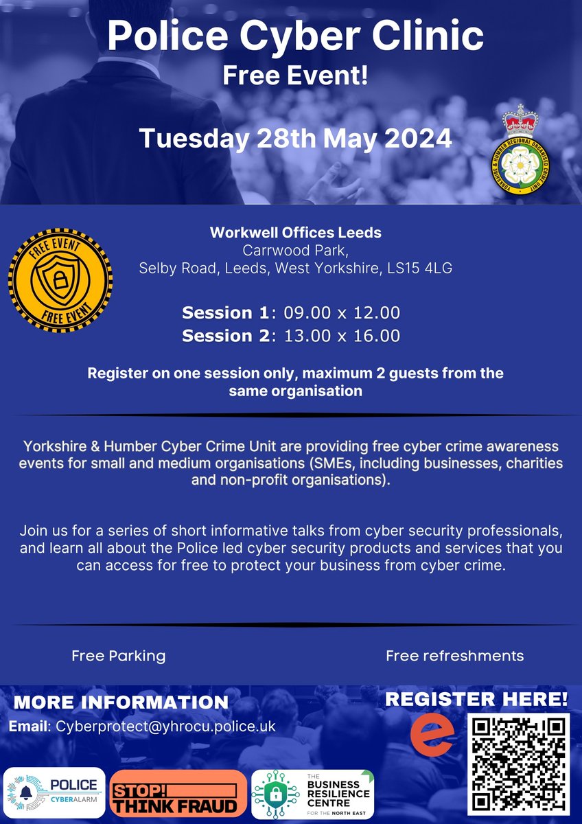 📢Tickets are still available for our first free #cyber clinic in #Leeds on 28 May to raise awareness around cyber security and how to protect your organisation 🔽Register below!