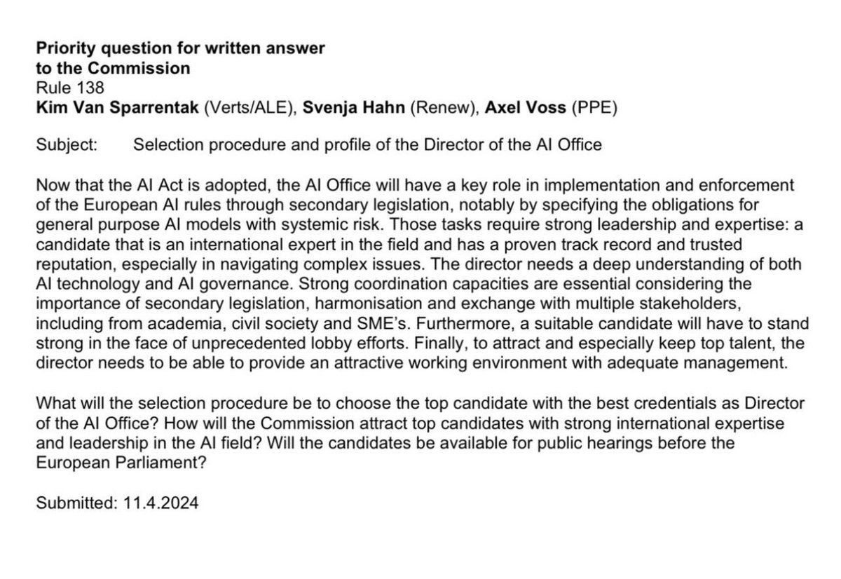 🤖 Over a month ago, @AxelVossMdEP, @kimvsparrentak & I asked the Commission for transparency on the creation of the #AIOffice & the process of recruiting its Director. The deadline for a response passed last week on 9 May, we have not gotten any answer so far.