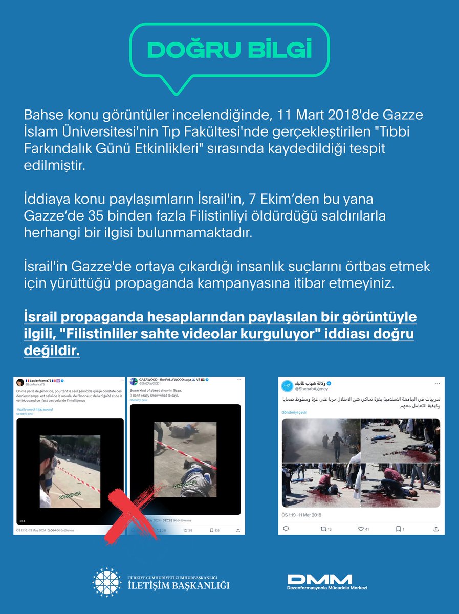 İsrail propaganda hesaplarından paylaşılan bir görüntüyle ilgili, 'Filistinliler sahte videolar kurguluyor' iddiası doğru değildir. Bahse konu görüntüler incelendiğinde, 11 Mart 2018'de Gazze İslam Üniversitesi'nin Tıp Fakültesi'nde gerçekleştirilen 'Tıbbi Farkındalık Günü