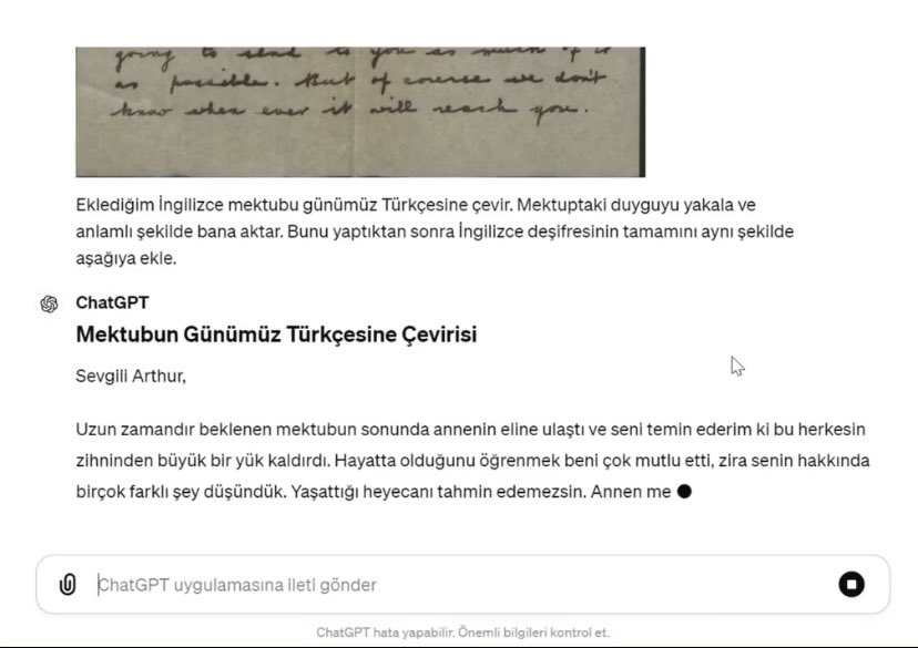 CHATGPT… YAKINDA DİL BİLMEYEN KALMAYABİLİR❗️ #ChatGPT, 108 yıl önce 1. Dünya Savaşı sırasında #Osmanlı’da esir düşen #İngiliz askerine ailesi tarafından yazılmış mektubu 20 saniyede günümüz Türkçesine #tercüme etti. #technology #tech