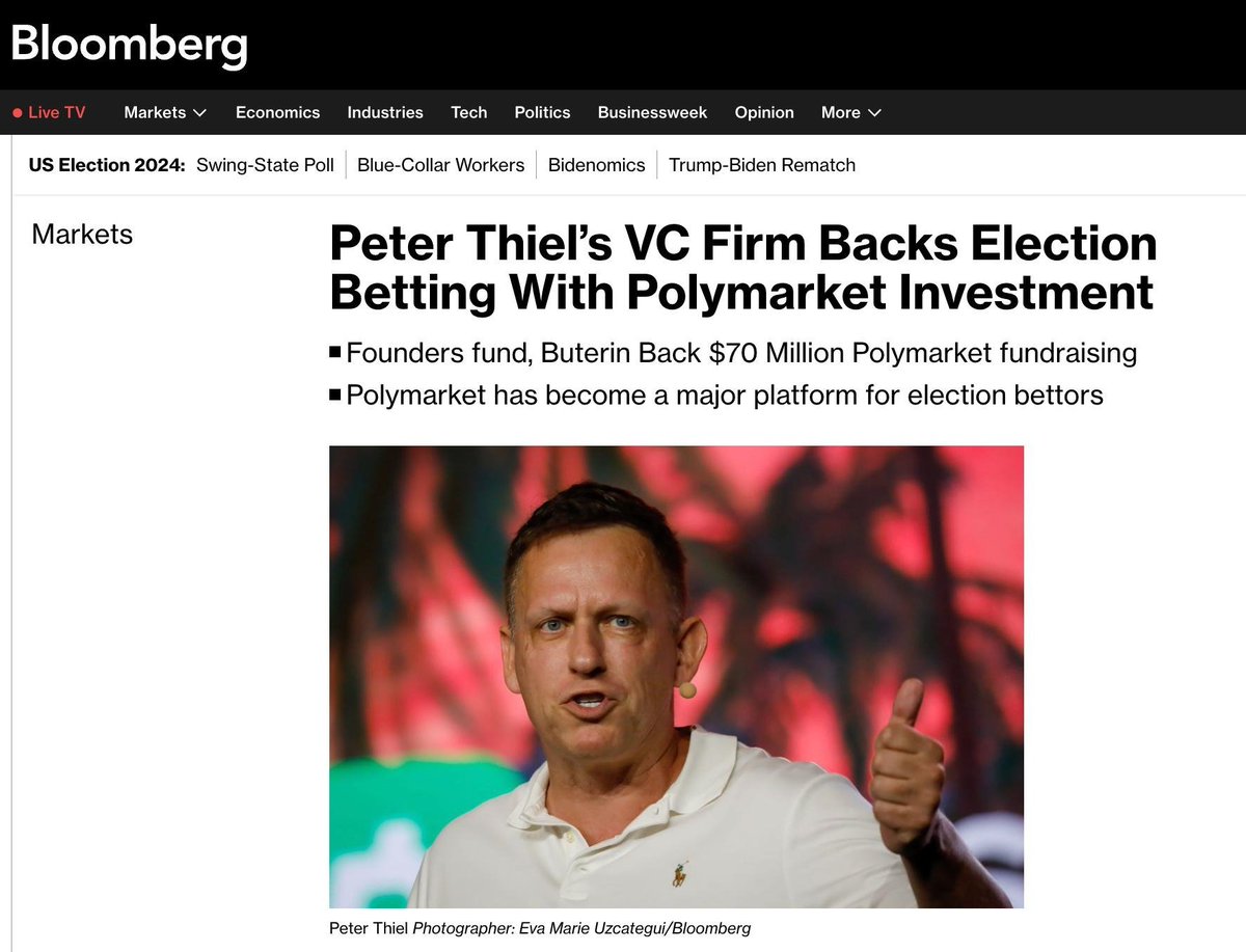 Excited to share that @Polymarket has raised $70m:

A $45m Series B led by Founders Fund and insiders 1confirmation and ParaFi + @VitalikButerin, & Dragonfly

And a $25m Series A led by General Catalyst + Polychain, @jgebbia, & more

🔮🧵