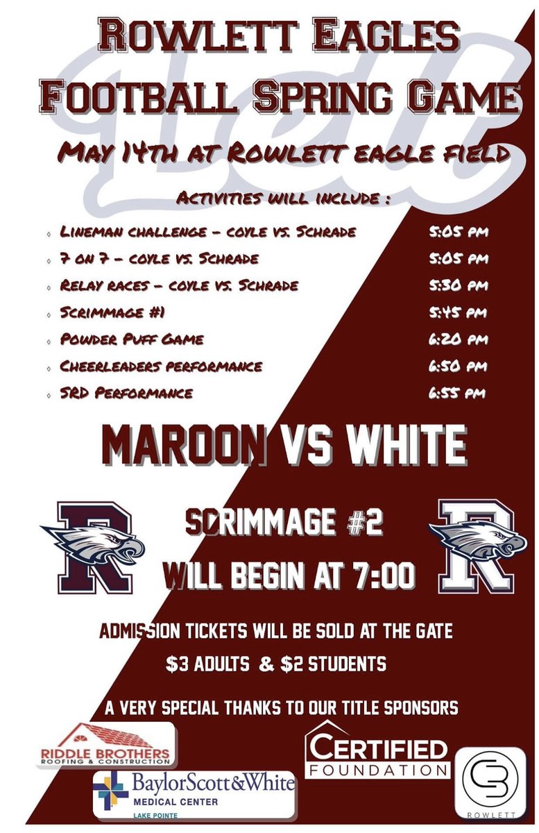 Richard McCroan (@lettoperations) on Twitter photo Rowlett Eagles Football Spring Game Tonight - Adults $3.00, Students $2.00
<a href="/Lettfootball/">Rowlett Eagle Football</a> <a href="/RHS_Eagles/">Rowlett High School</a> <a href="/LETTNATION/">LETTNATION</a> #WeWillWin #WeROne Rowlett Eagles Football Spring Game Tonight - Adults $3.00, Students $2.00
<a href="/Lettfootball/">Rowlett Eagle Football</a> <a href="/RHS_Eagles/">Rowlett High School</a> <a href="/LETTNATION/">LETTNATION</a> #WeWillWin #WeROne