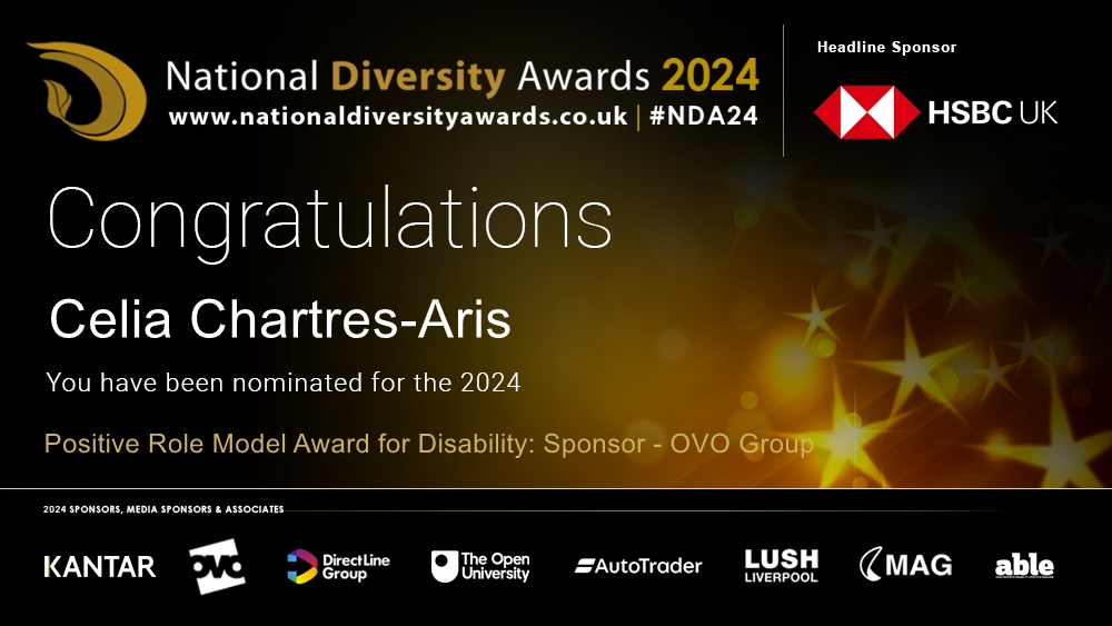 Congratulations to Celia Chartres-Aris @celia_hensman who has been nominated for the Positive Role Model Award for Disability at The National Diversity Awards 2024. To vote please visit nationaldiversityawards.co.uk/awards-2024/no… #NDA24 #Nominate #VotingNowOpen