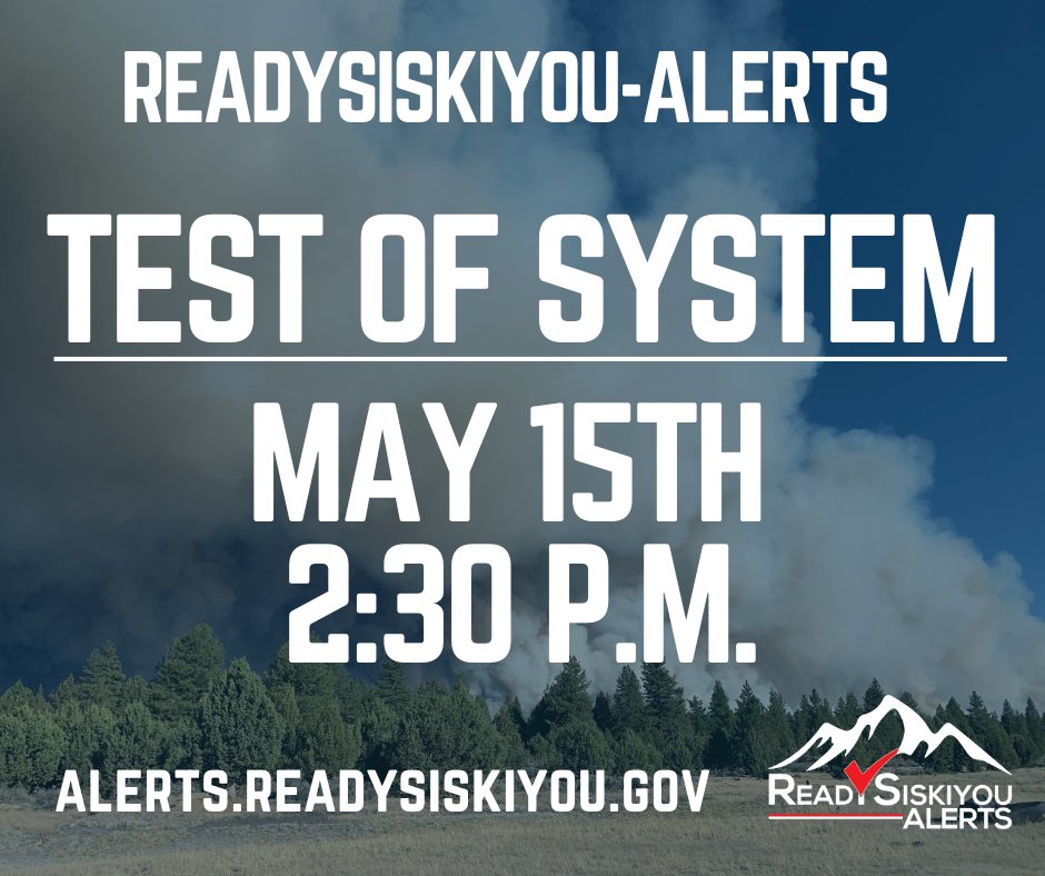 🚨Second Countywide Test of Emergency Alert Notification System, ReadySiskiyou-Alerts on 5/15/24 at 2:30 P.M.🚨

Visit alerts.readysiskiyou.gov prior to the alert to sign up!

<a href="/CALFIRESKU/">CAL FIRE SKU</a>