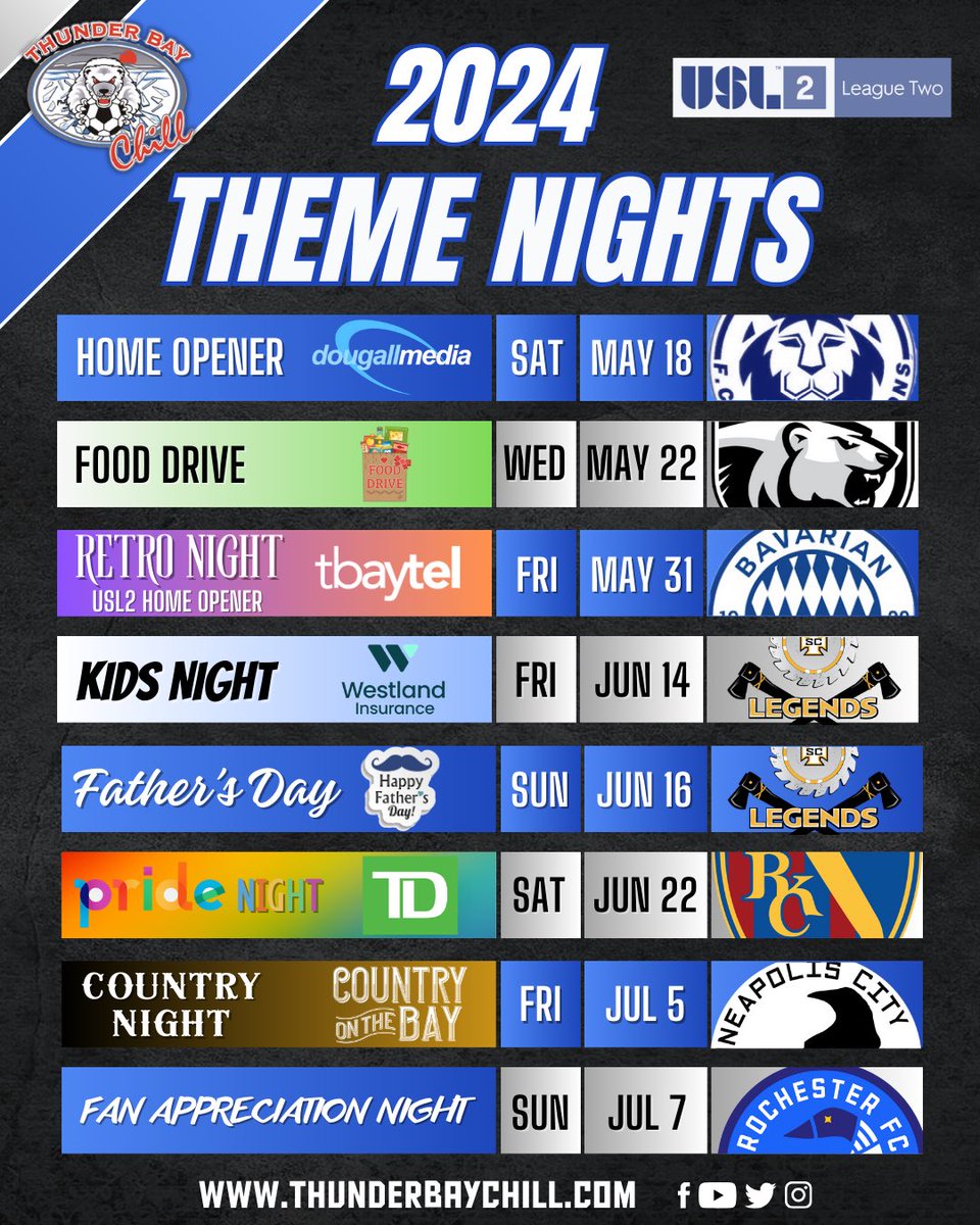 We’re having a party 🎉 all season long & you’re invited 🎫 🐻‍❄️ Join us at Tbaytel Field @ Chapples Park for our 2024 Theme Nights! ⚽️ 🎟️ Tickets link in bio 🔗 #ThunderBayChill | #Chill🐻‍❄️ | #Path2Pro | #ThemeNights2024