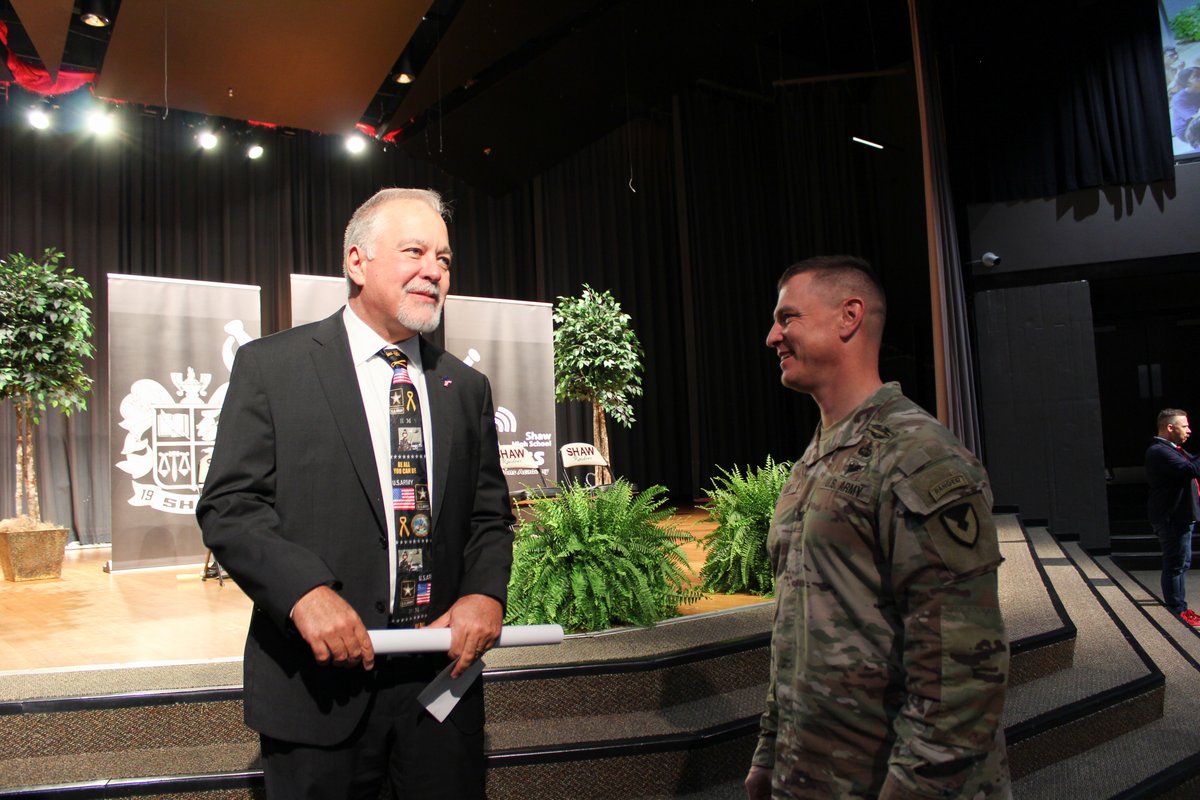 Yesterday, Superintendent Woods visited @SchoolShaw in @MCSDSchools to present them with a 2023-2024 Military Flagship School Award. Congratulations, SHS Raiders! Check out more photos from the event at flic.kr/s/aHBqjBqgzT. #GAMonthoftheMilitaryChild