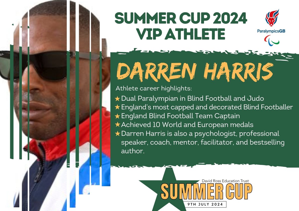 The second VIP Athlete attending our Summer Cup is dual Paralympian in Blind Football and Judo, Darren Harris! 8 weeks today we will be welcoming our @DRETnews Academies to the #DRETSummerCup2024 Who's excited?⭐️