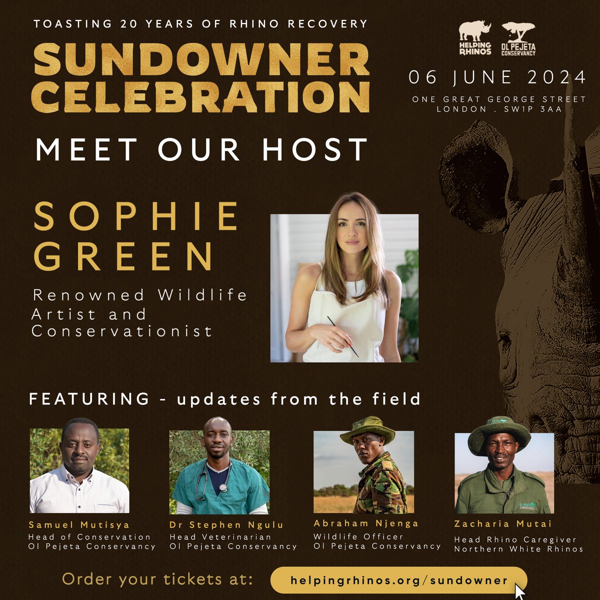 There's just THREE WEEKS until the Sundowner Celebration and we are thrilled to announce that renowned wildlife artist and conservationist @sophiegreenart will be hosting the event 🎉 Get your tickets to join us & @OlPejeta on Thursday 6th June in London⬇️ ww2.emma-live.com/helpingrhinos/…