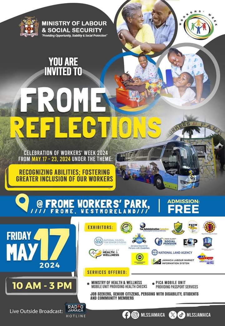 🎉 Join us for Frome Reflections at the Frome Workers' Park in Westmoreland! 🌟 Let's celebrate our incredible workers and recognize their abilities while fostering greater inclusion for all. See you there! #FromeReflections #CelebratingWorkers #Inclusion