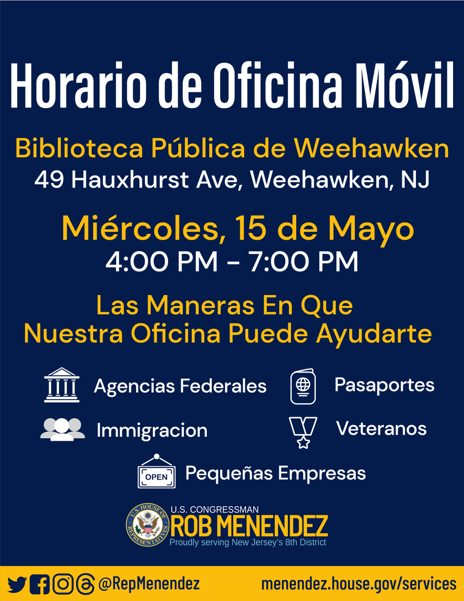This afternoon, 4 pm to 7 pm, @RepMenendez will be hosting Mobile Office Hours at the Weehawken Free Public Library.