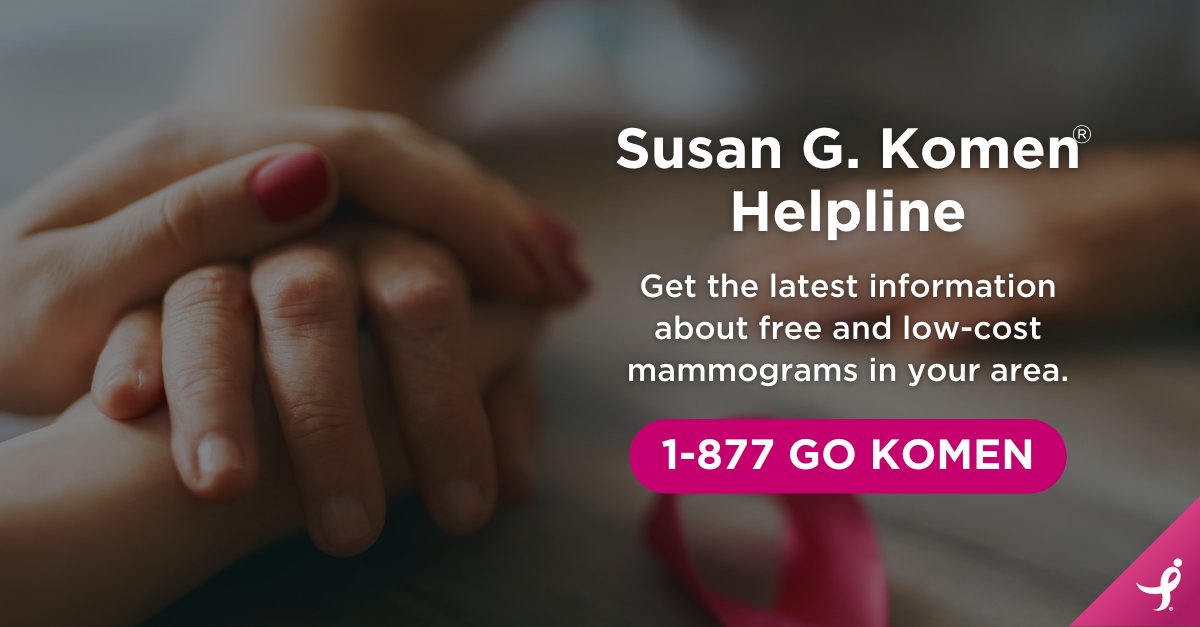 Are you past due for a screening mammogram but afraid you can't afford it? Call the Susan G. Komen Breast Care Helpline at 1-877-GO-KOMEN for information about free and low-cost mammograms in your area. #NationalWomensHealthWeek