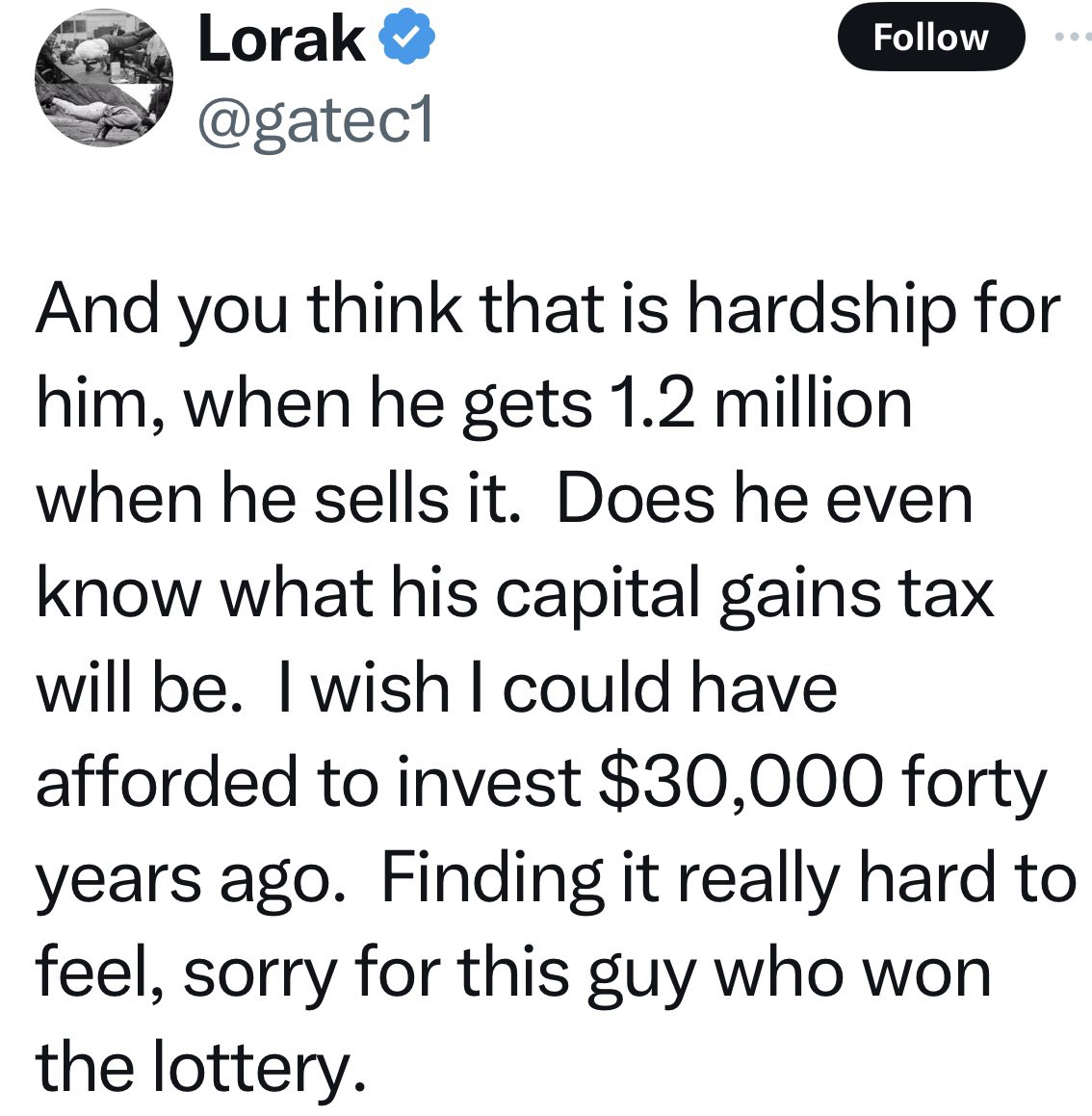 You’re a fucking socialist hack! You think it’s fair to STEAL from people that work hard to enjoy the life they created for themselves?!? Wait til they implement a capital gains tax on your primary residence, you’ll be singing a different tune. 
They’re coming after you next!