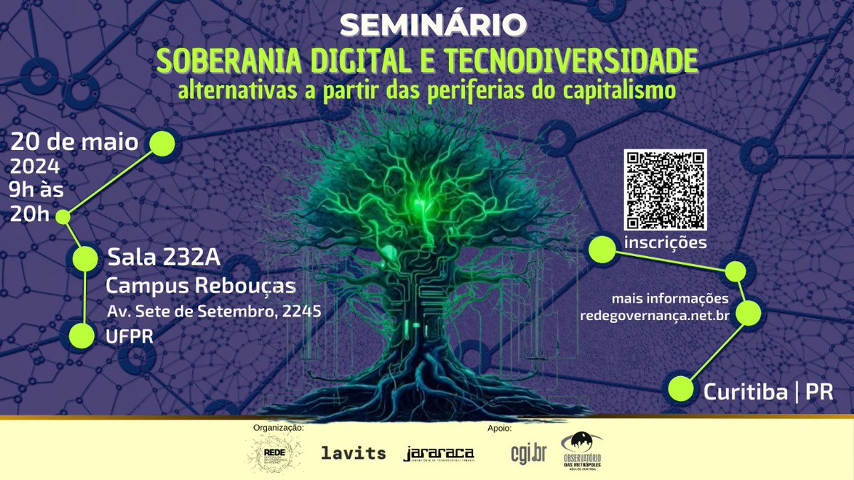 Olá, temos um convite especial para quem estiver em Curitiba na próxima segunda-feira (20)! Venha para o Seminário 'Soberania digital e tecnodiversidade: alternativas a partir das periferias do capitalismo', que acontecerá das 09h às 20h, na UFPR, Campus Rebouças.