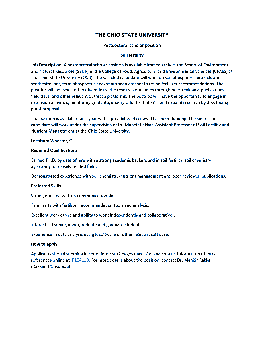 Manbir Kaur Rakkar (@manbirrakkar) on Twitter photo I am looking for a postdoctoral scholar to join our team <a href="/OSUEnvironment/">School of Environment and Natural Resources (SENR)</a>. The selected candidate will work on soil #phosphorus projects and synthesize long-term P and/or N dataset to refine #fertilizer recommendations.
Interested? Apply online osu.wd1.myworkdayjobs.com/OSUCareers/job… I am looking for a postdoctoral scholar to join our team <a href="/OSUEnvironment/">School of Environment and Natural Resources (SENR)</a>. The selected candidate will work on soil #phosphorus projects and synthesize long-term P and/or N dataset to refine #fertilizer recommendations.
Interested? Apply online osu.wd1.myworkdayjobs.com/OSUCareers/job…