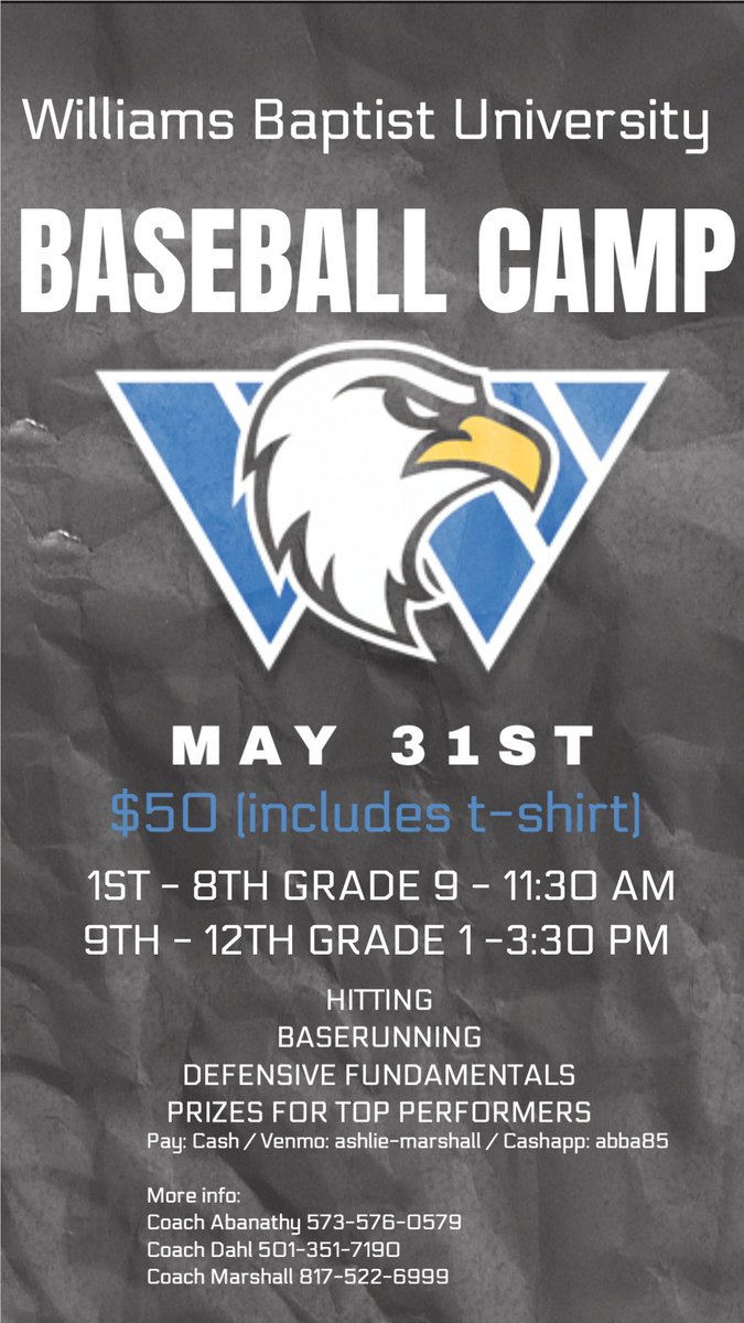 ⚾️WBU Baseball will be hosting a skills camp for kids in grades 1-12 on May 31st!

The cost is $50 that will include a camp T-Shirt.

Find more info here: bit.ly/4dRnFwX