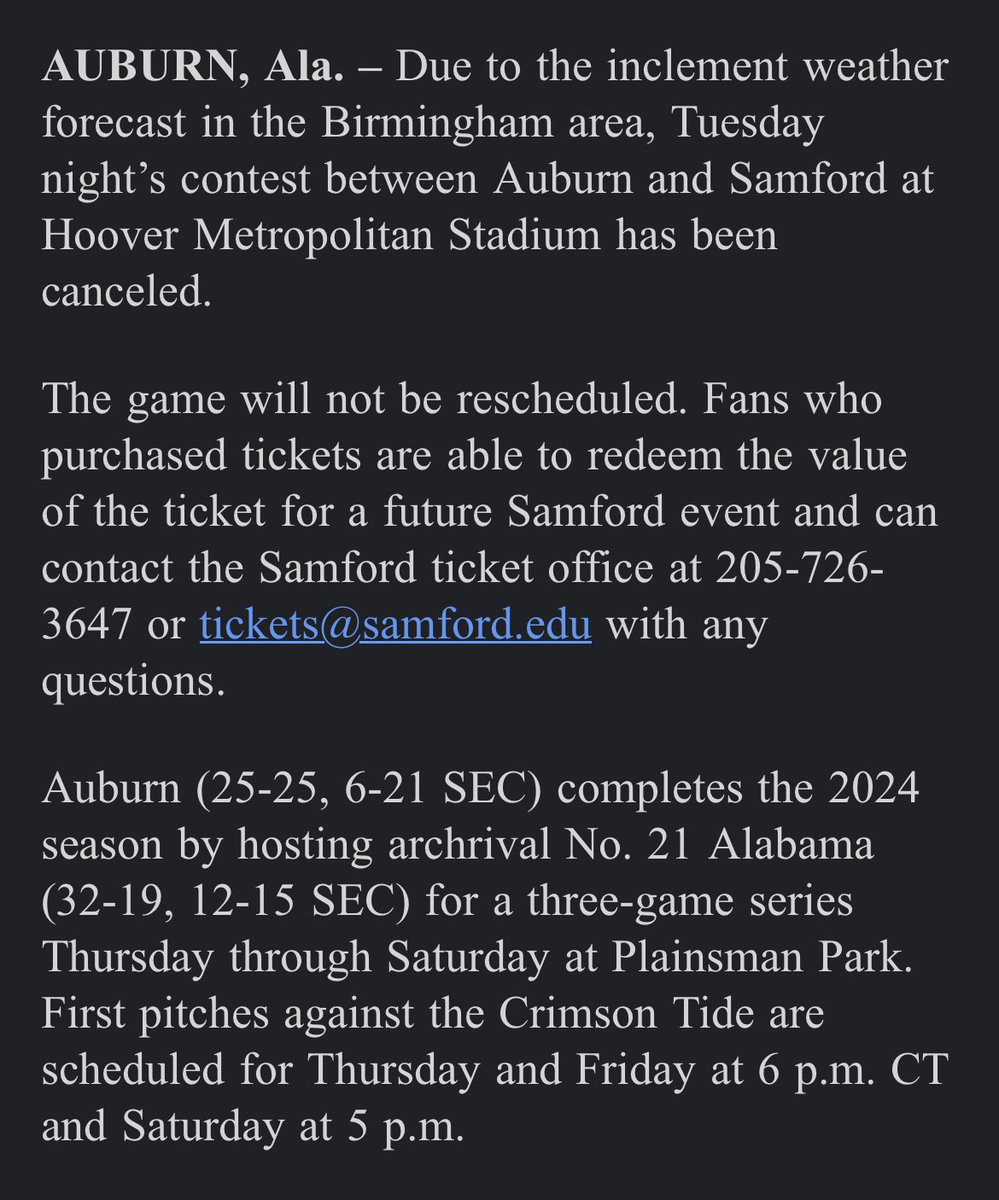 Auburn’s game against Samford at the Hoover Met tonight has been cancelled due to the threat of weather