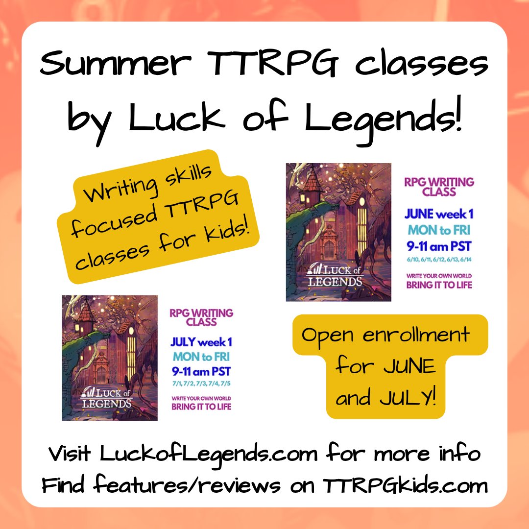 @lucklegends runs educational TTRPG classes that help kids build literacy and writing skills... AND enrollment for the summer is open! Details open, and make sure to sign up before classes fill! #TTRPGkids #TTRPG #education