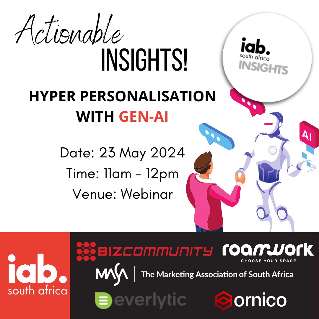 Next IAB webinar: Thursday, 23 May - Hyper-personalization with Gen-AI is the key to creating experiences that truly resonate with your audience. Save your seat by registering today via the link: bit.ly/3wqigfn #iabsa #actionableinsights #HyperPersonalization #GenAI