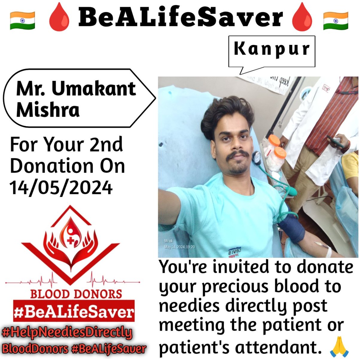 Kanpur BeALifeSaver
Kudos_Mr_Umakant_Mishra_Ji
#HelpNeediesDirectly

Today's hero
Mr. Umakant_Mishra Ji donated blood in Kanpur for the 2nd Time for one of the needies. Heartfelt Gratitude and Respect to Umakant Mishra Ji for his blood donation for Patient admitted in Kanpur.