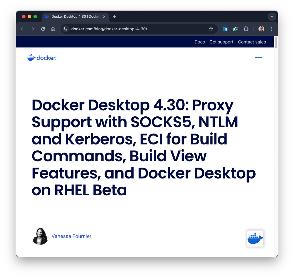 Welcome Docker Desktop 4.30! In this release: Proxy Support with SOCKS5, NTLM and Kerberos, ECI for Build Commands, Build View Features, and Docker Desktop on RHEL Beta. docker.com/blog/docker-de…