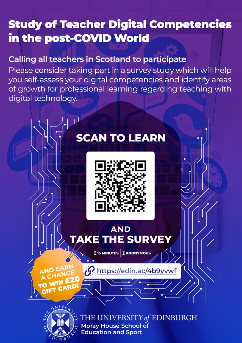 Calling all teachers in Scotland: Please consider taking a short survey to help you self-assess your digital competencies and identify areas of growth for professional learning regarding teaching with digital technology. 👉edin.ac/4b9yvwf 
#SDLW24  <a href="/DigiLearnScot/">Digital Learning and Teaching</a>