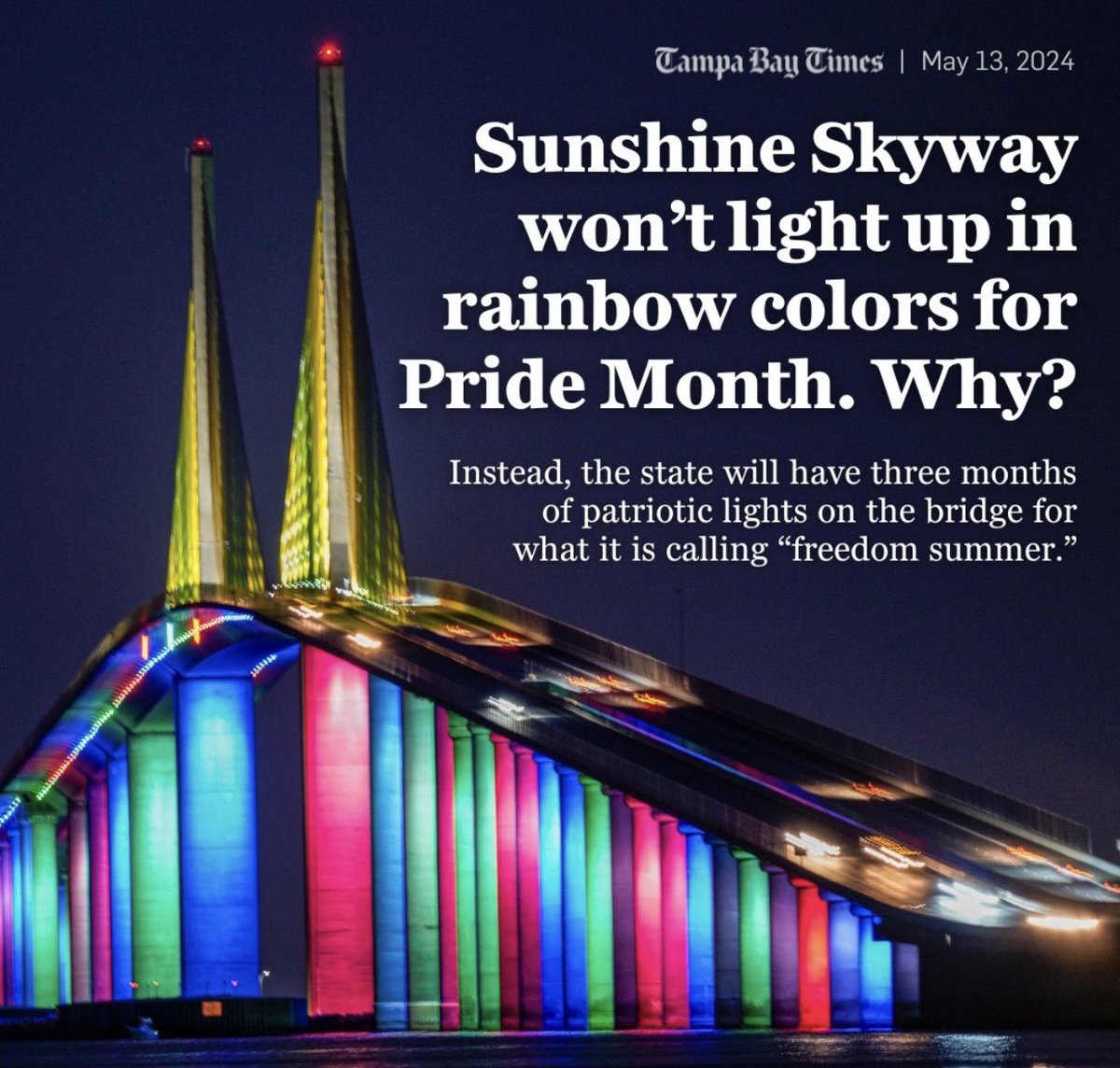 Florida announces that all bridges across the state will no longer flash rainbow colors in June for LGBT pride

Instead they’ll flash red, white, and blue to celebrate “Freedom Summer”

These colors are from a flag that unites us all as Americans, instead of dividing us

VICTORY!