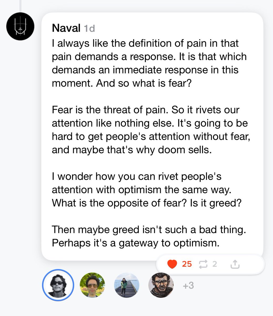 firebirdhq's tweet image. What’s the opposite of fear? 

Is it greed? Security? Something else? 

Exploring this question with @naval and fellow airheads on @getairchat 

Join the chat - air.chat/r/nQ75f58d?ref…