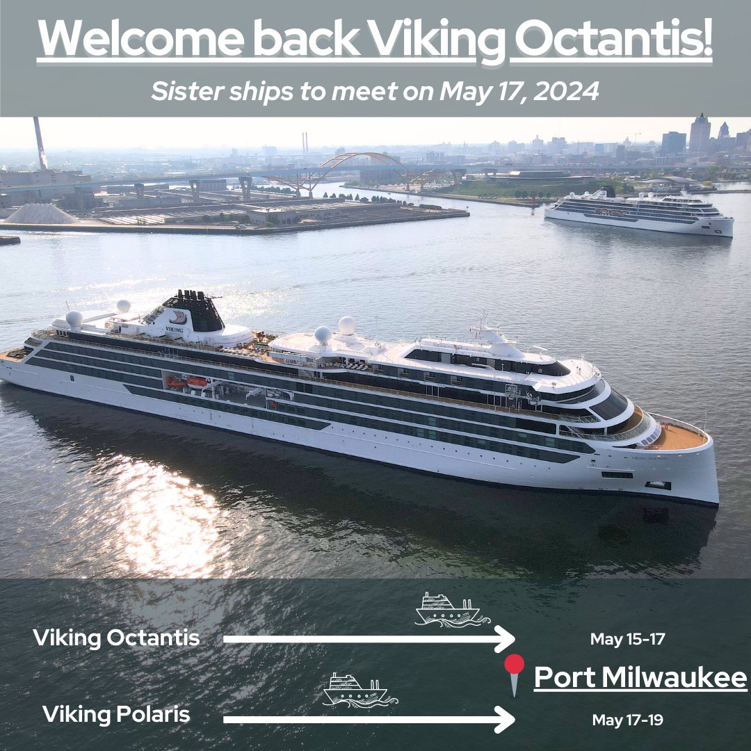 The Viking Octantis is making her return to Milwaukee TODAY around noon! 🛳️🥳 Her sister Polaris will meet her in the outer harbor on Friday. ⚓ [Times are subject to change. You can track both of the ships' voyages here➡️ tinyurl.com/ywzpv7tt]