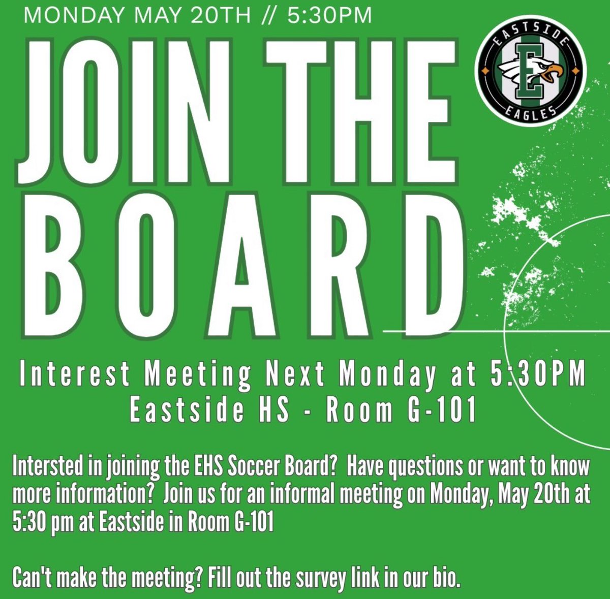 Interested in joining the EHS ⚽️ Board?!

There will be an informal meeting next Monday - May 20th

⏰ 5:30pm

📍 Eastside High School | Room G101

Can’t make the meeting ? Click the link 

docs.google.com/forms/d/e/1FAI…