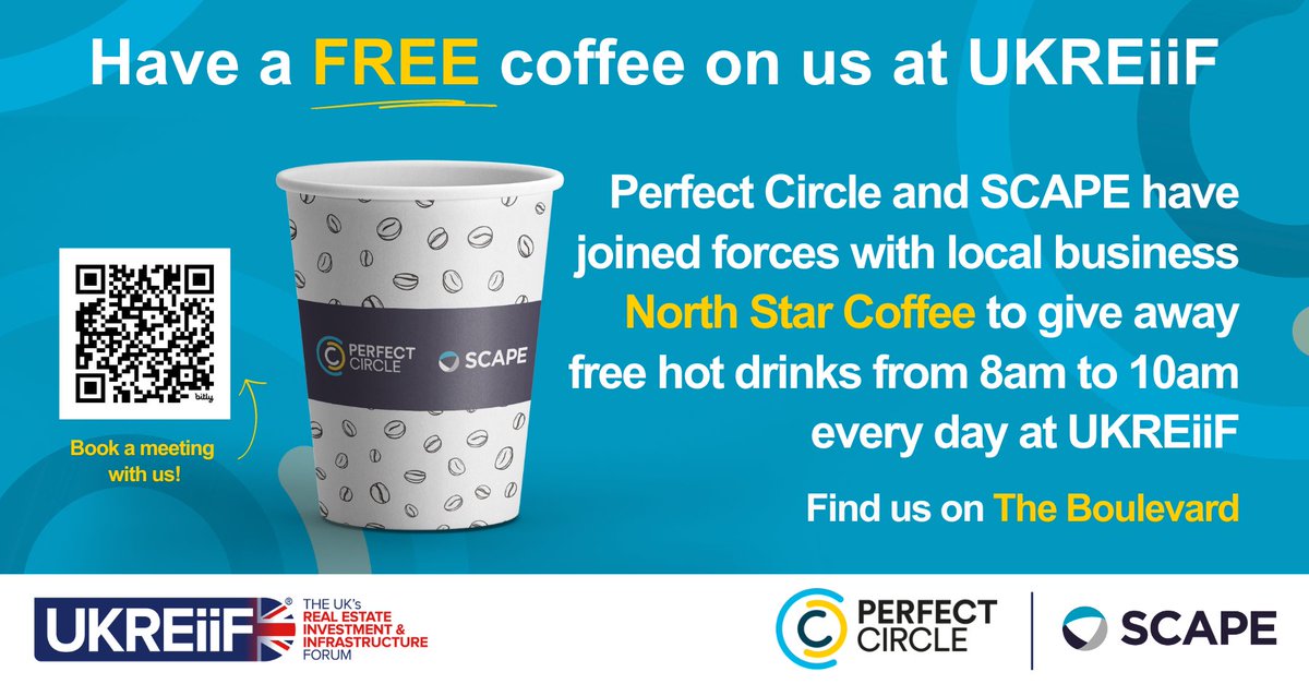 Only a week to go before the doors open for @UKREiiF and you can enjoy a FREE hot drink on us and our partners @Scape_Group

Just pop along anytime between 8am and 10am and order a hot drink of your choice. It's as easy as that!

#oneperfectcircle #teamSCAPE #UKREiiF