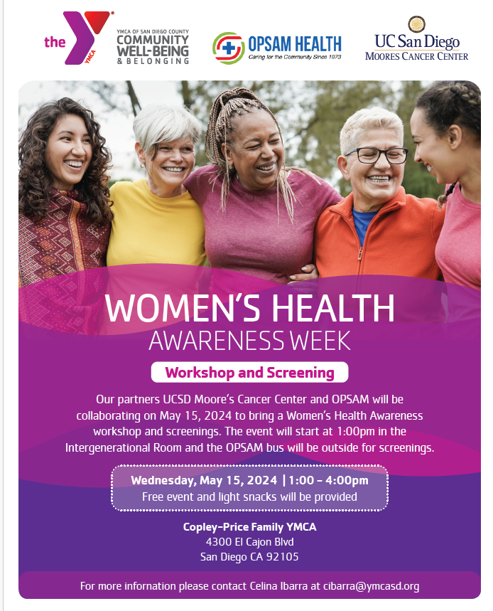 It's #WomensHealthWeek May 12-18, and a great reminder to check up on your health! Find us today (5/14) in San Marcos at One Safe Place, 12-4pm with @NHCare1969 & tomorrow (5/15) in City Heights at Copley-Price @YMCASanDiego with @OpsamHealth, 1-4pm. Free screenings & resources!