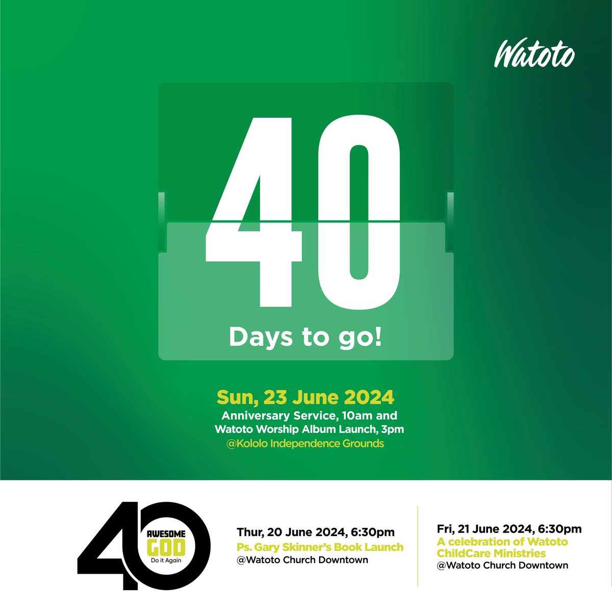 The Countdown is on! In 40 days, we will be celebrating 40 years of God's faithfulness in June with an Anniversary Service and Watoto Album Launch at Kololo Independence Grounds. Reach out to your friends and family, and start preparing.