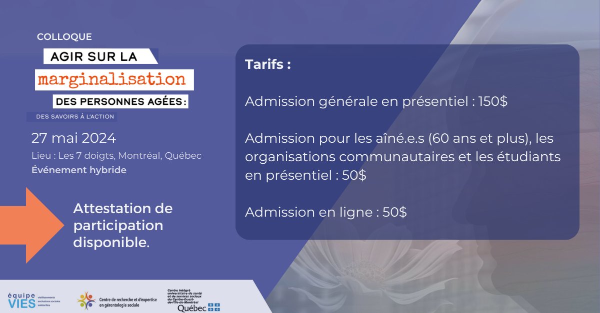 CREGÉS (@le_creges) on Twitter photo Dernière semaine pour vous inscrire en présentiel au colloque CREGÉS
Inscrivez-vous dès maintenant! event.fourwaves.com/fr/creges-agir…
<a href="/FRQSC/">FRQ - secteur Société et culture</a> <a href="/CIUSSS_COMTL/">CIUSSS Centre-Ouest-de-l'Île-de-Montréal</a> <a href="/ACCSSS/">ACCESSS</a> <a href="/fondemergence/">Fondation Émergence</a> <a href="/ReseauFADOQ/">FADOQ</a> <a href="/aqdrnationale/">AQDR nationale</a> <a href="/FqsaAlzh/">Fédération québécoise des Sociétés Alzheimer</a> <a href="/sqdi_ca/">Société québécoise de la déficience intellectuelle</a> Dernière semaine pour vous inscrire en présentiel au colloque CREGÉS
Inscrivez-vous dès maintenant! event.fourwaves.com/fr/creges-agir…
<a href="/FRQSC/">FRQ - secteur Société et culture</a> <a href="/CIUSSS_COMTL/">CIUSSS Centre-Ouest-de-l'Île-de-Montréal</a> <a href="/ACCSSS/">ACCESSS</a> <a href="/fondemergence/">Fondation Émergence</a> <a href="/ReseauFADOQ/">FADOQ</a> <a href="/aqdrnationale/">AQDR nationale</a> <a href="/FqsaAlzh/">Fédération québécoise des Sociétés Alzheimer</a> <a href="/sqdi_ca/">Société québécoise de la déficience intellectuelle</a>